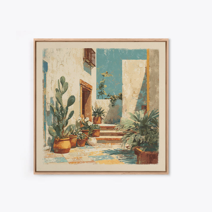 Warm Neutral Cactus Garden Illustration Framed Canvas Print, Boho Art, Wall Art Set, Living Room Decor, Fine Art, Bohemian, BOH-1x1-66