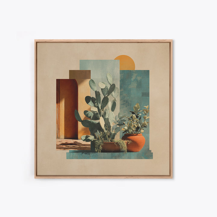 Desert Sun with Cactus and Warm Clay Framed Canvas Print, Boho Art, Printable, Living Room Decor, Watercolor Art, Bohemian, BOH-1x1-73