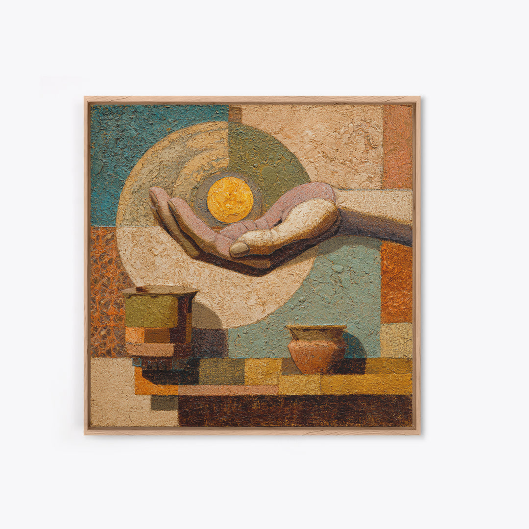 Mystic Hand Holding a Tiny Sun Framed Canvas Print, Boho Art, Textured Painting, Living Room Decor, Fine Art, Bohemian, BOH-1x1-78