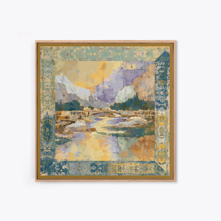 Earth Tone Mountain and River Abstraction Framed Canvas Print, Boho Art, Living Room Decor, Oil Painting, Bohemian, BOH-1x1-83