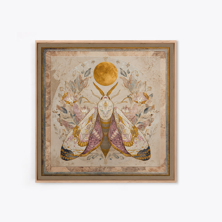 Golden Moth with Moon and Stars Canvas Print, Boho Art, Art Print, Living Room Decor, Fine Art, Bohemian, Digital Print, BOH-1x1-89