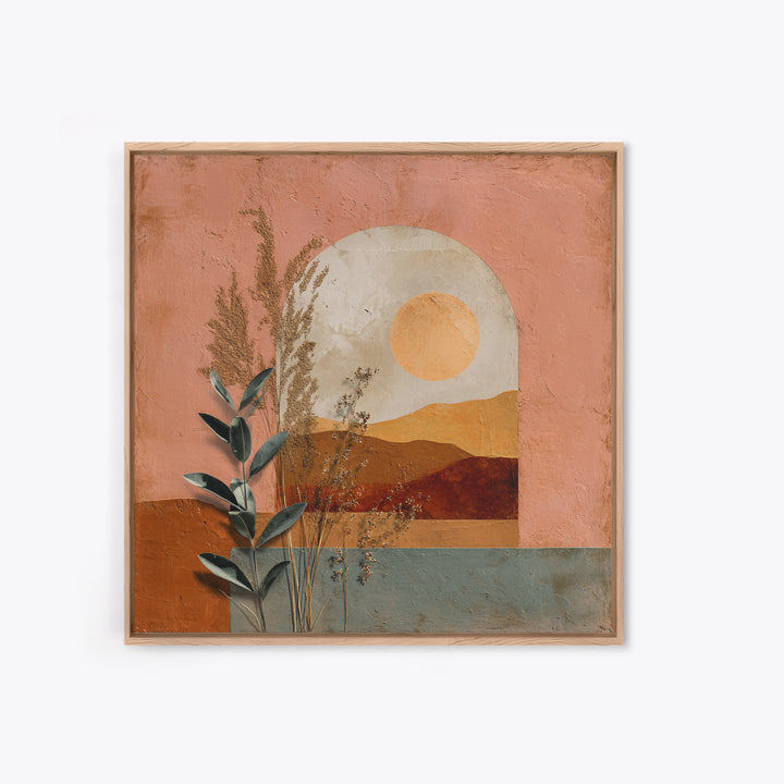 Sunrise over Rolling Dunes in Muted Peach Framed Canvas Print, Boho Art, Digital Art, Living Room Decor, Oil Painting, Bohemian, BOH-1x1-93