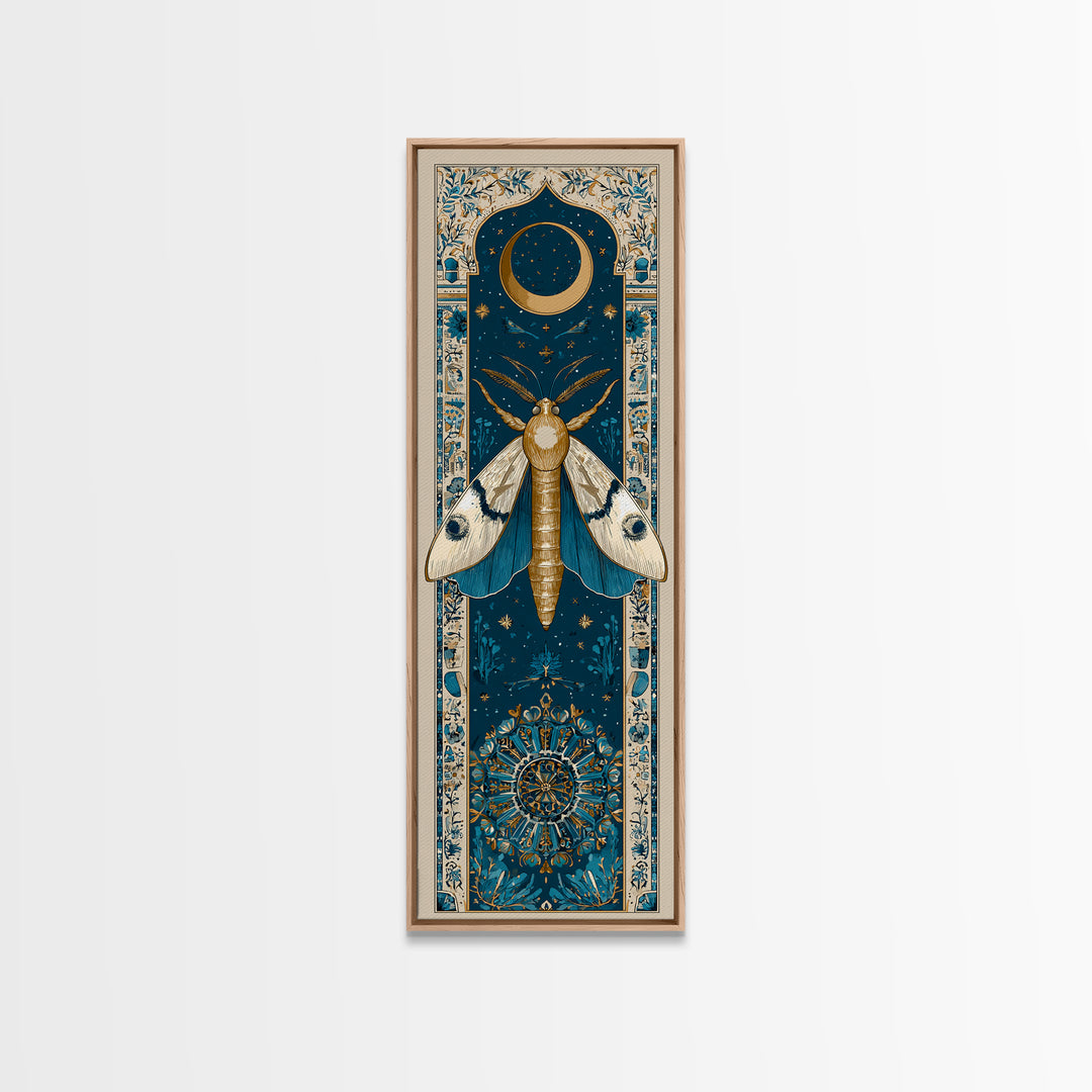 Golden Moth with Moon and Stars Framed Canvas Print, Boho Art, Prints, Living Room Decor, Fine Art, Bohemian, Abstract Art, BOH-1x3-29