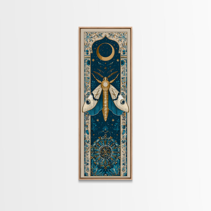 Golden Moth with Moon and Stars Framed Canvas Print, Boho Art, Prints, Living Room Decor, Fine Art, Bohemian, Abstract Art, BOH-1x3-29