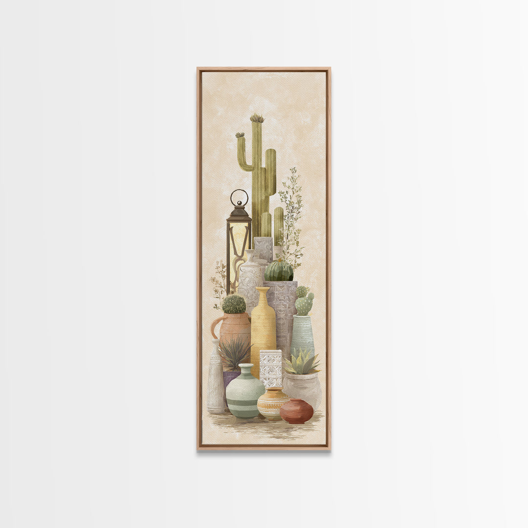 Warm Neutral Cactus Garden Illustration Framed Canvas Print, Boho Art, Fine Art Print, Living Room Decor, Watercolor Art, BOH-1x3-30