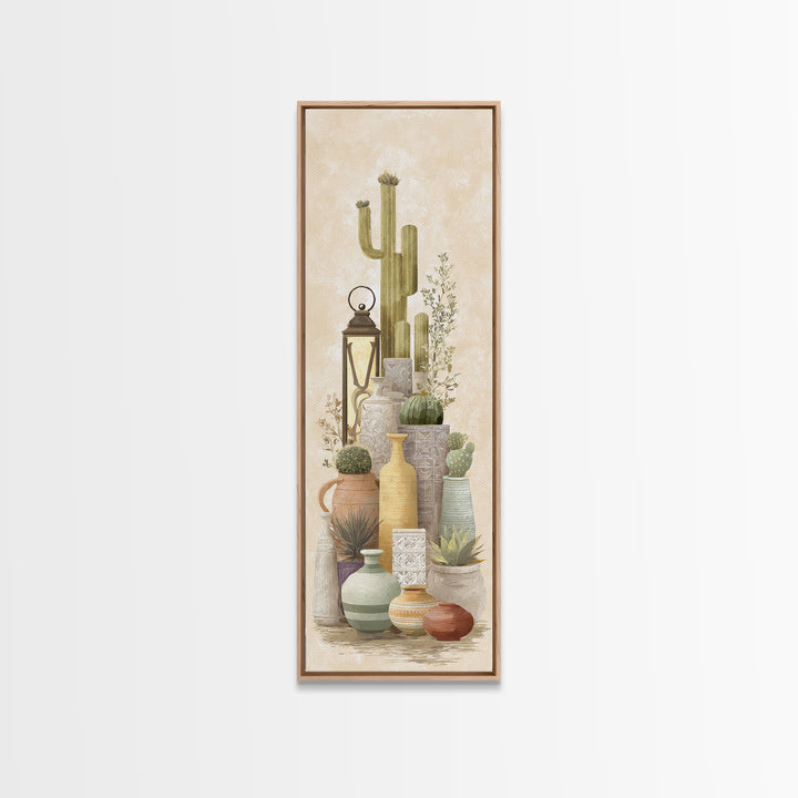 Warm Neutral Cactus Garden Illustration Framed Canvas Print, Boho Art, Fine Art Print, Living Room Decor, Watercolor Art, BOH-1x3-30