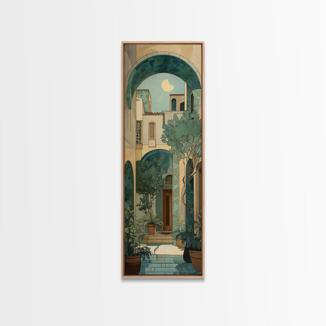 Sage Green Eucalyptus and Crescent Moon Canvas Print, Boho Art, Abstract Wall Art, Living Room Decor, Fine Art, Bohemian, BOH-1x3-35
