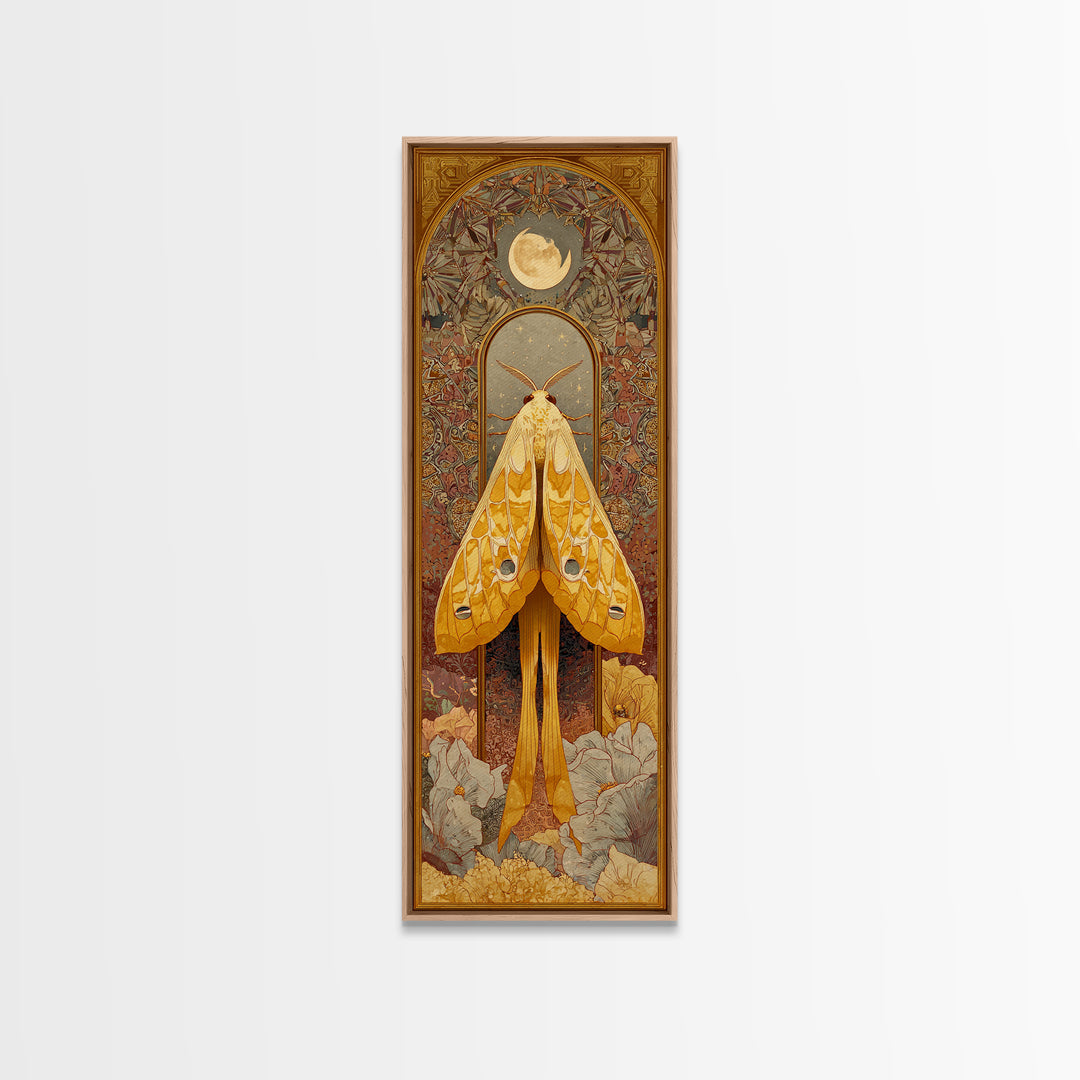 Golden Moth with Moon and Stars Canvas Print, Boho Art, Minimalist Decor, Living Room Decor, Bohemian, Digital Wall Art, BOH-1x3-5