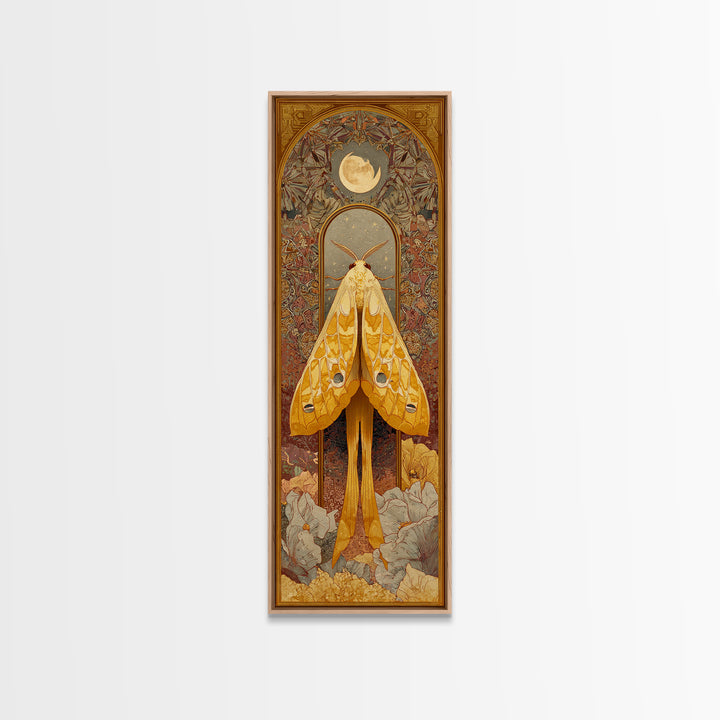 Golden Moth with Moon and Stars Canvas Print, Boho Art, Minimalist Decor, Living Room Decor, Bohemian, Digital Wall Art, BOH-1x3-5