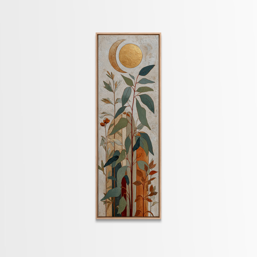 Sage Green Eucalyptus and Crescent Moon Canvas Print, Boho Art, Modern Decor, Living Room Decor, Fine Art, Bohemian, Wall Decor, BOH-1x3-59