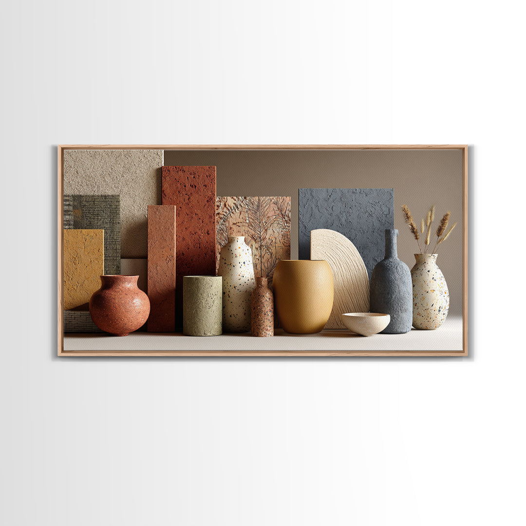 Abstract Clay Shapes Framed Canvas Print, Boho Art, Textured Painting, Living Room Decor, Abstract Art, Bohemian, BOH-2x1-12