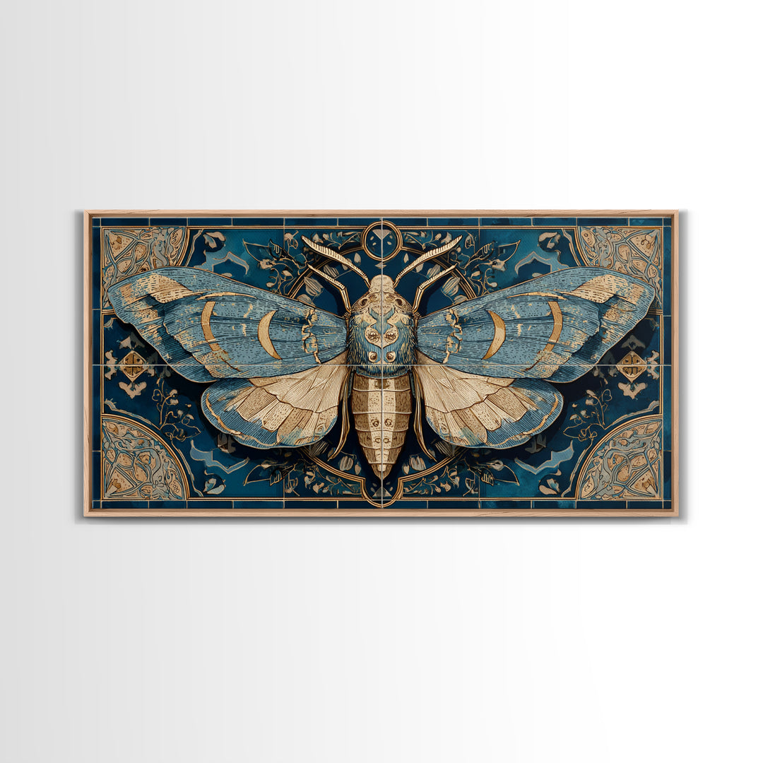 Golden Moth with Moon and Stars Framed Canvas Print, Boho Art, Boho, Living Room Decor, Fine Art, Bohemian, Wall Art Print, BOH-2x1-13