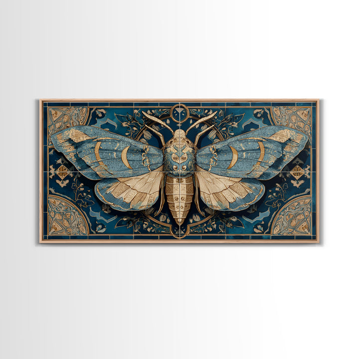 Golden Moth with Moon and Stars Framed Canvas Print, Boho Art, Boho, Living Room Decor, Fine Art, Bohemian, Wall Art Print, BOH-2x1-13