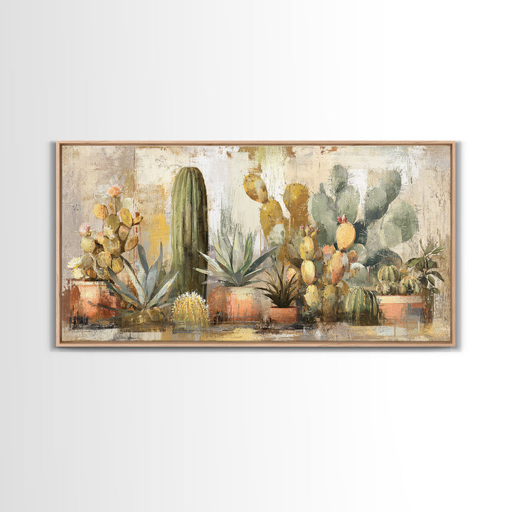 Warm Neutral Cactus Garden Illustration Framed Canvas Print, Boho Art, Living Room Decor, Watercolor Art, Bohemian, BOH-2x1-14