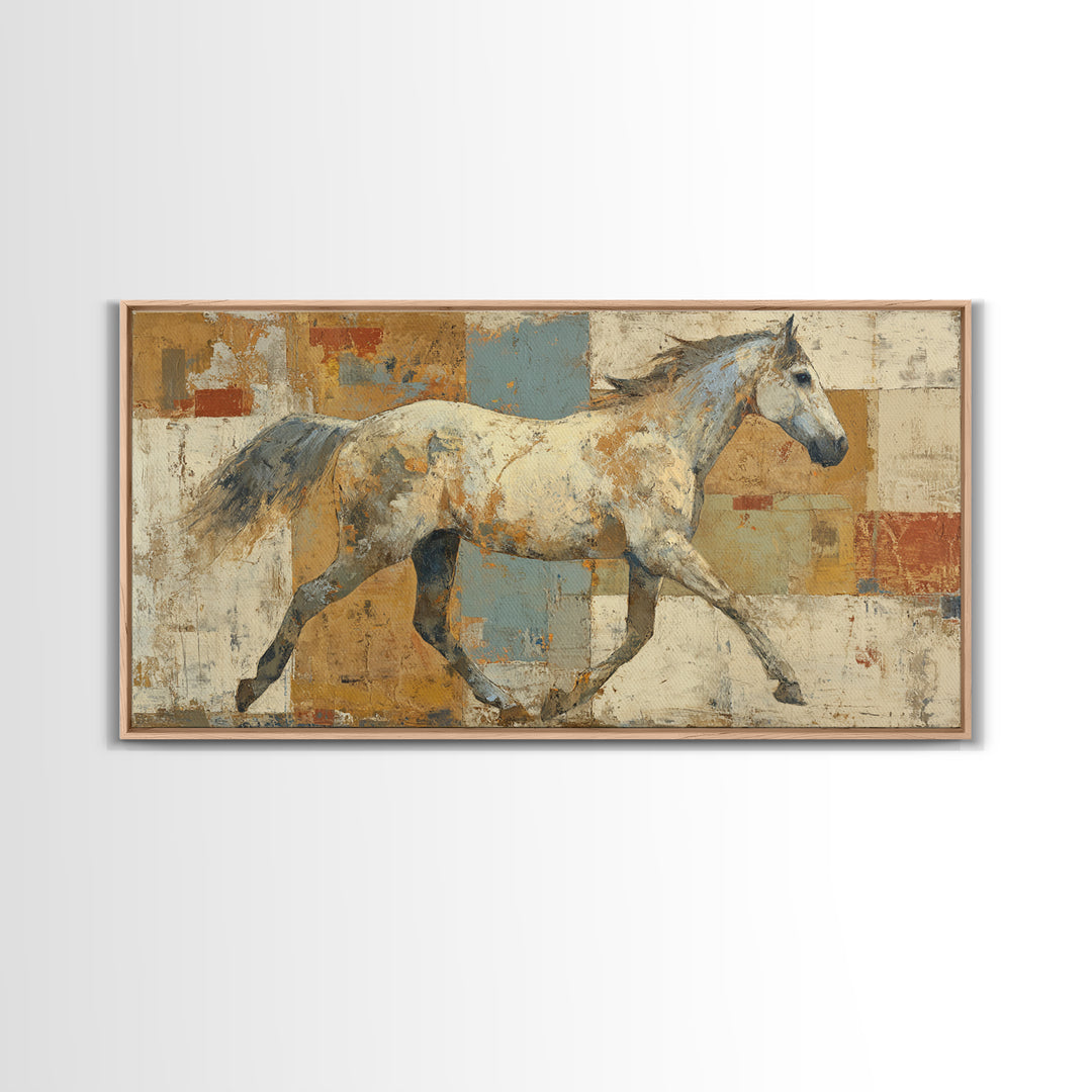 Wild Horse in Dusty Golden Light Framed Canvas Print, Boho Art, Wall Art, Living Room Decor, Fine Art, Bohemian, Art Deco, BOH-2x1-28