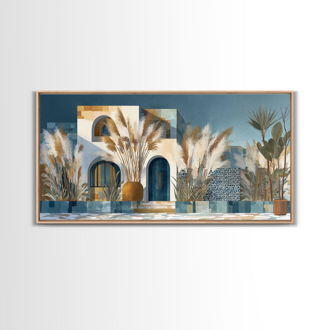 Bohemian Vase with Dried Pampas Grass Framed Canvas Print, Boho Art, Art Nouveau, Living Room Decor, Watercolor Art, Bohemian, BOH-2x1-29