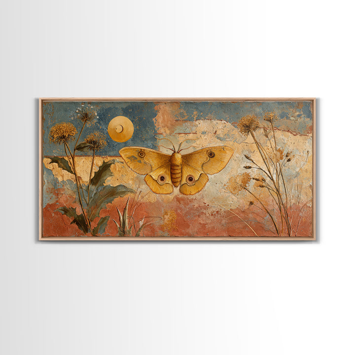 Golden Moth with Moon and Stars Framed Canvas Print, Boho Art, Boho, Living Room Decor, Fine Art, Bohemian, Wall Art Print, BOH-2x1-37