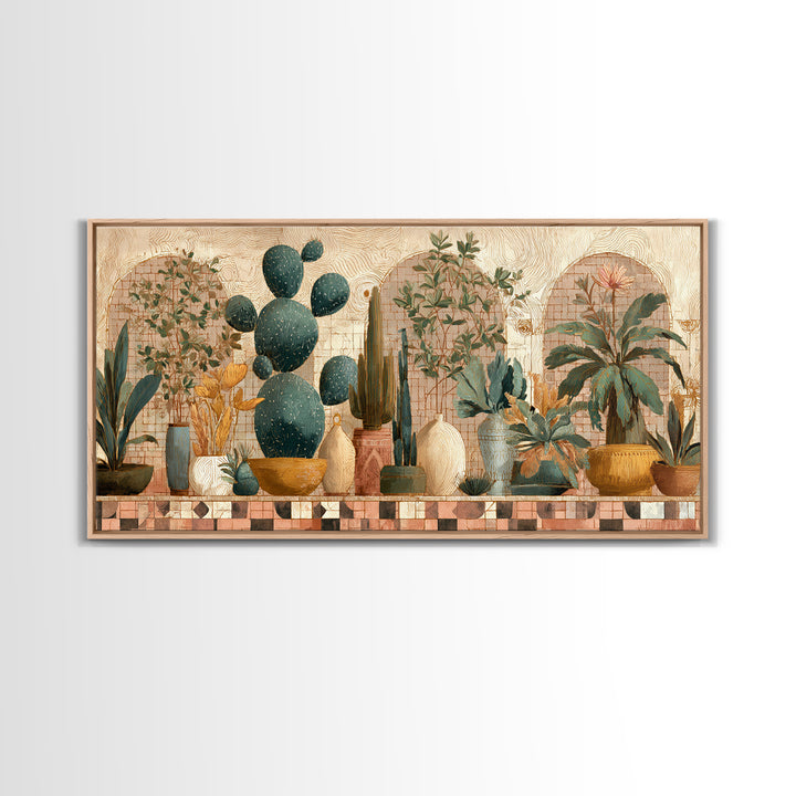 Warm Neutral Cactus Garden Illustration Framed Canvas Print, Boho Art, Living Room Decor, Watercolor Art, Bohemian, BOH-2x1-38