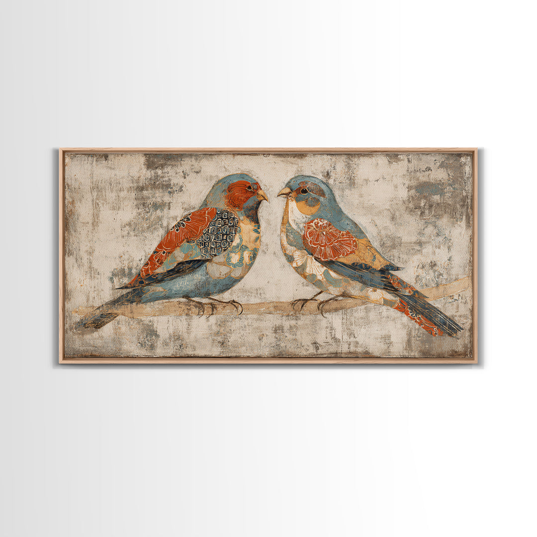 Boho Bird Pair Framed Canvas Print, Boho Art, Wall Decor, Living Room Decor, Fine Art, Bohemian, Art Nouveau, Abstract Art, BOH-2x1-40