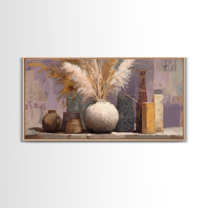 Bohemian Vase with Dried Pampas Grass Framed Canvas Print, Boho Art, Art Nouveau, Living Room Decor, Watercolor Art, Bohemian, BOH-2x1-5