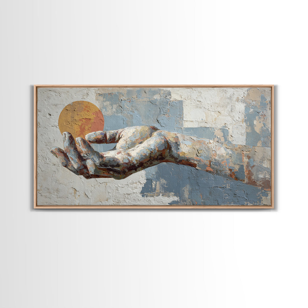 Mystic Hand Holding a Tiny Sun Framed Canvas Print, Boho Art, Printable, Living Room Decor, Bohemian, Abstract Wall Art, BOH-2x1-50