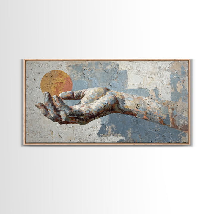 Mystic Hand Holding a Tiny Sun Framed Canvas Print, Boho Art, Printable, Living Room Decor, Bohemian, Abstract Wall Art, BOH-2x1-50
