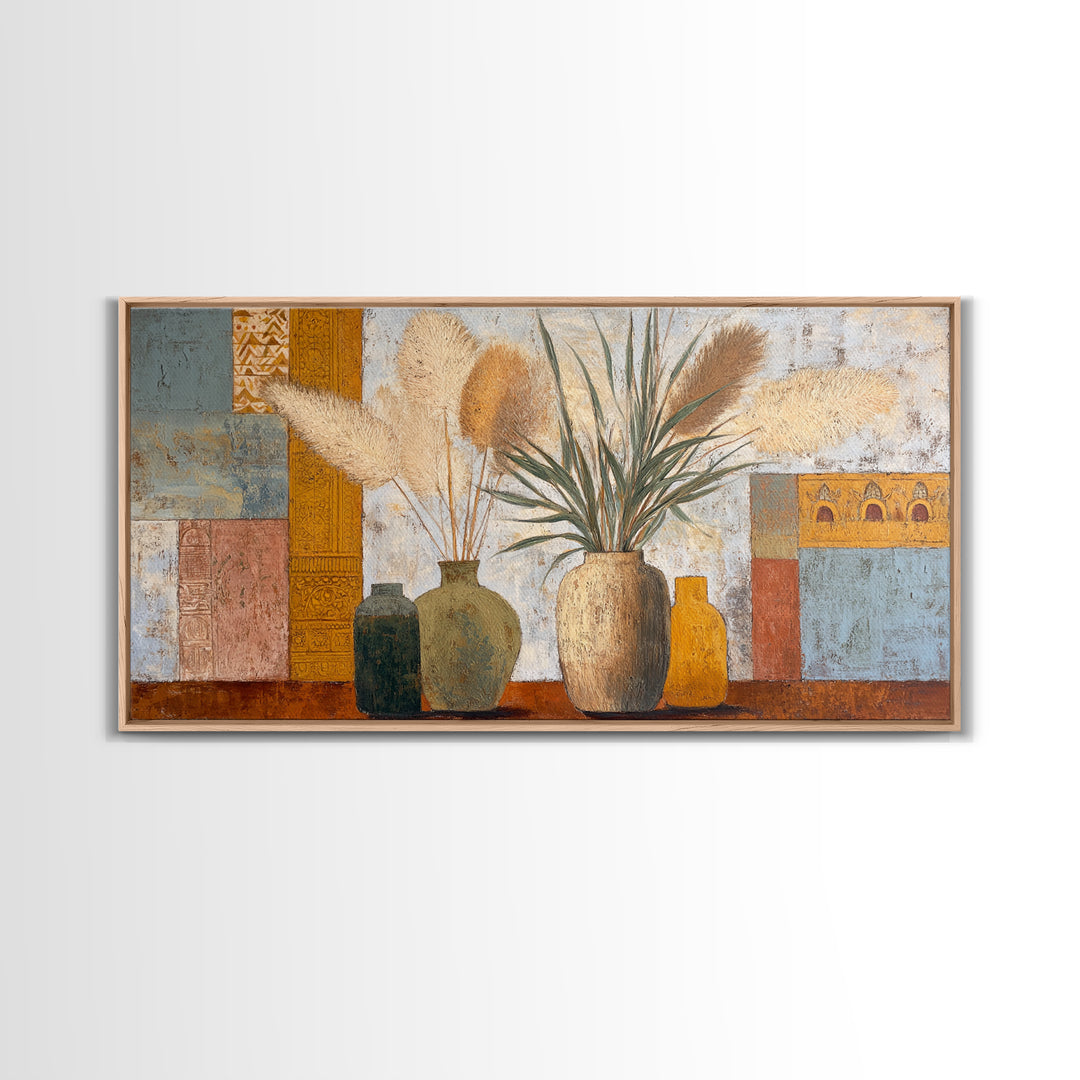 Bohemian Vase with Dried Pampas Grass Canvas Print, Boho Art, Abstract Wall Art, Living Room Decor, Oil Painting, Bohemian, BOH-2x1-53