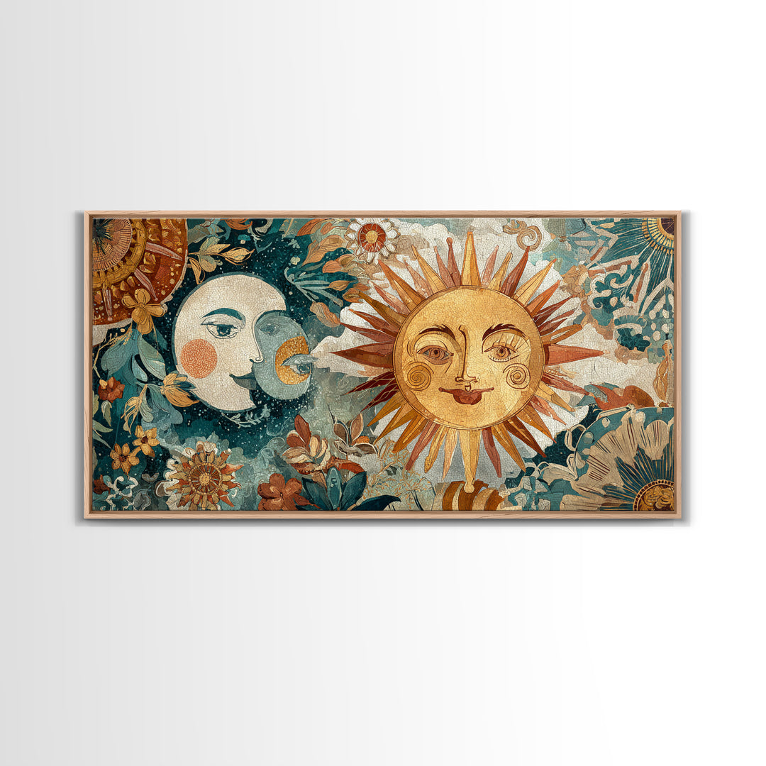 Sun and Moon Celestial Folk Motif Canvas Print, Boho Art, Printable Wall Art, Living Room Decor, Bohemian, Abstract Wall Art, BOH-2x1-54