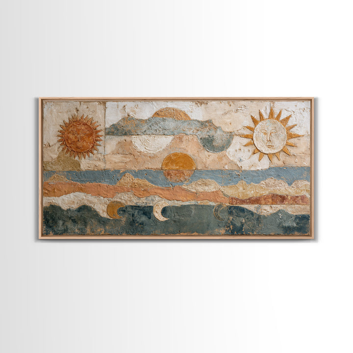 Sun and Moon Celestial Folk Motif Framed Canvas Print, Boho Art, Wall Decor, Living Room Decor, Fine Art, Bohemian, Art Nouveau, BOH-2x1-6