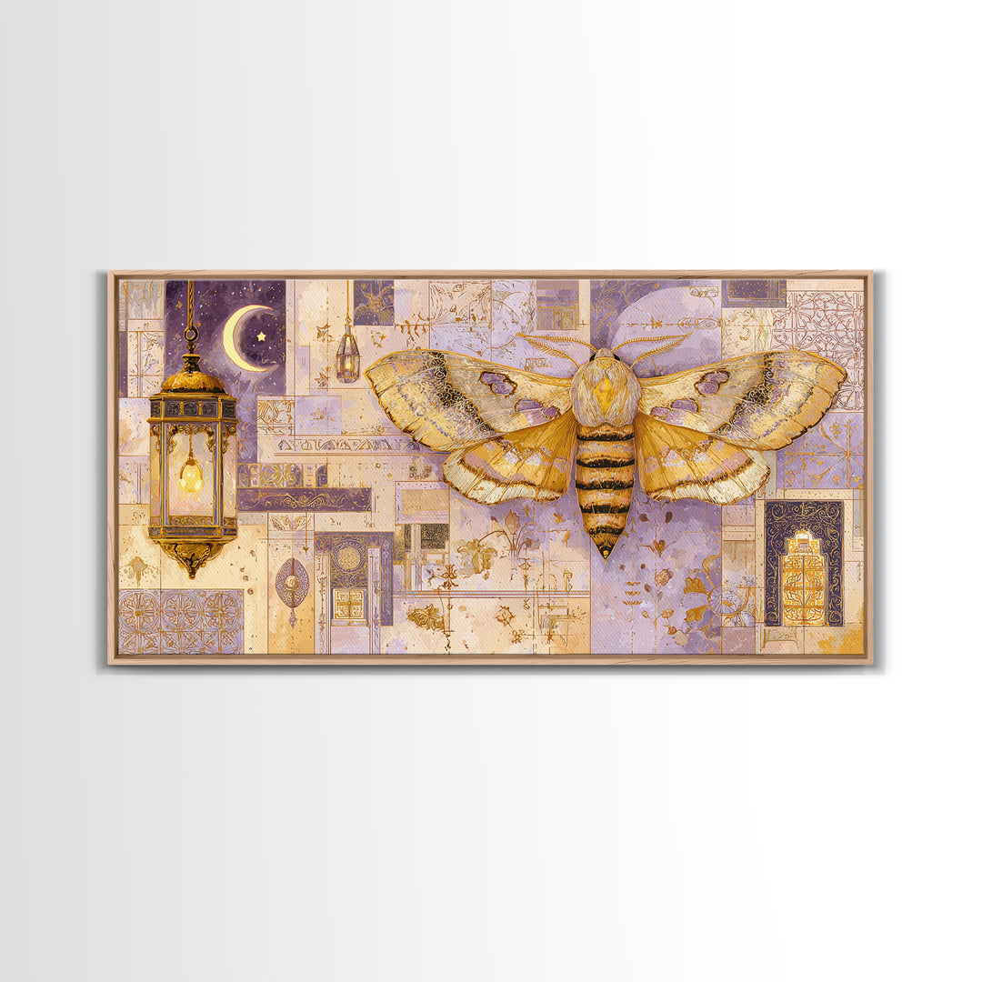 Golden Moth with Moon and Stars Canvas Print, Boho Art, Canvas Art, Living Room Decor, Fine Art, Bohemian, Wall Art Set, BOH-2x1-61