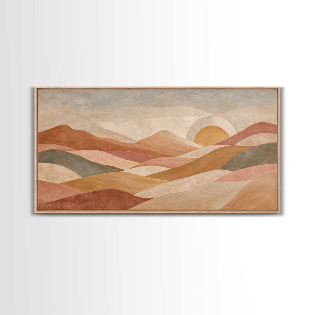 Sunrise over Rolling Dunes in Muted Peach Framed Canvas Print, Boho Art, Living Room Decor, Abstract Art, Bohemian, BOH-2x1-65
