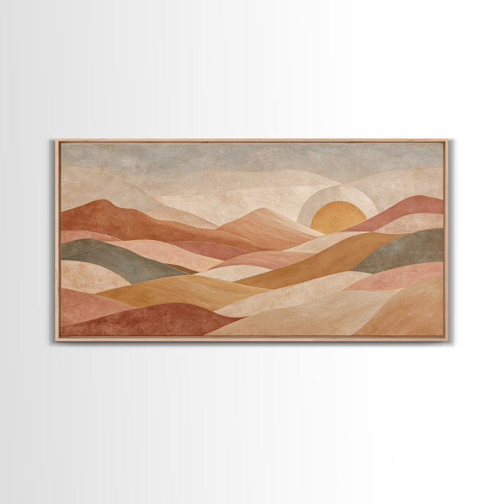 Sunrise over Rolling Dunes in Muted Peach Framed Canvas Print, Boho Art, Living Room Decor, Abstract Art, Bohemian, BOH-2x1-65