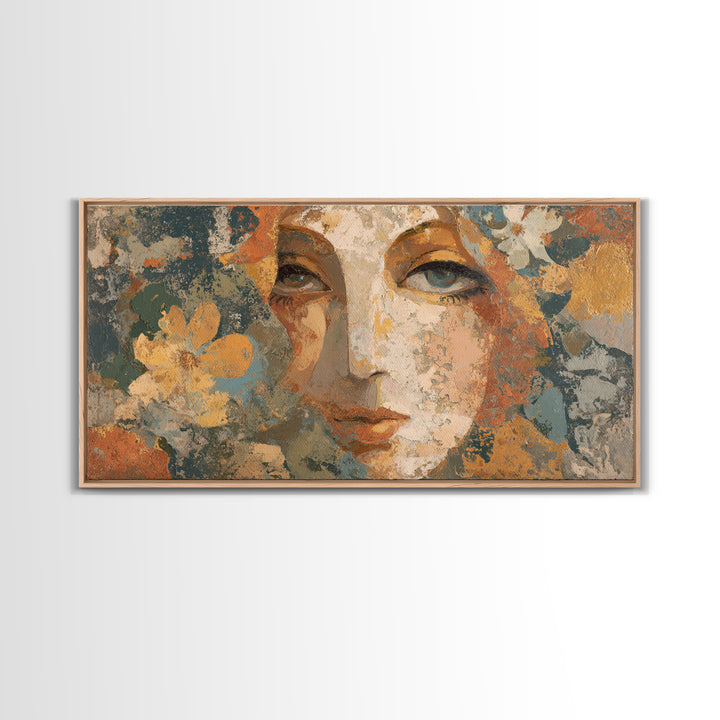Abstract Female Face Framed Canvas Print, Boho Art, Digital Wall Art, Living Room Decor, Watercolor Art, Bohemian, Garden Art, BOH-2x1-72