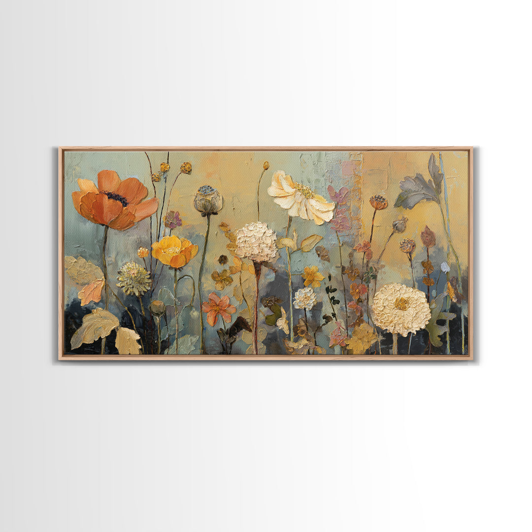 Burnt Orange Floral Field at Sunset Framed Canvas Print, Boho Art, Boho Wall Art, Living Room Decor, Fine Art, Bohemian, BOH-2x1-81