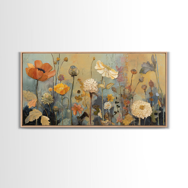 Burnt Orange Floral Field at Sunset Framed Canvas Print, Boho Art, Boho Wall Art, Living Room Decor, Fine Art, Bohemian, BOH-2x1-81