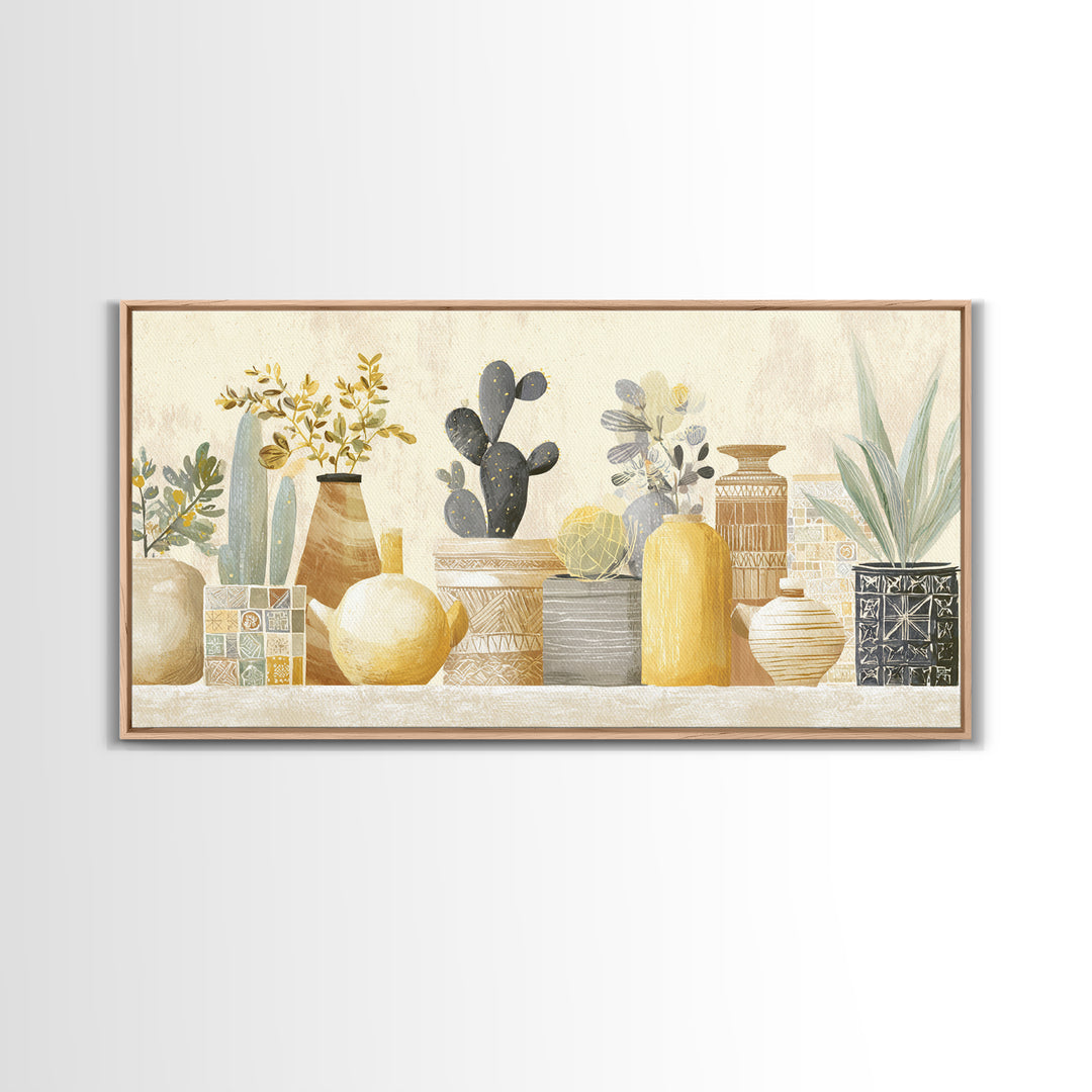 Warm Neutral Cactus Garden Illustration Framed Canvas Print, Boho Art, Digital Wall Art, Living Room Decor, Fine Art, Bohemian, BOH-2x1-86