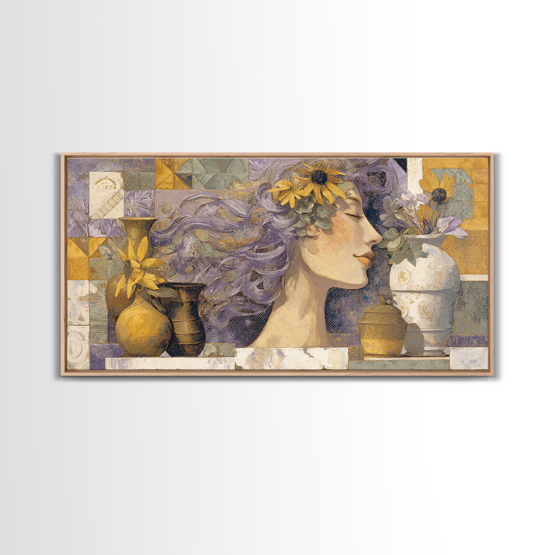 Abstract Female Face Framed Canvas Print, Boho Art, Boho Wall Art, Living Room Decor, Fine Art, Bohemian, Statement Artwork, BOH-2x1-96