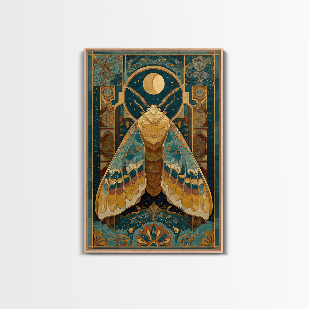 Golden Moth with Moon and Stars Framed Canvas Print, Boho Art, Art Nouveau, Living Room Decor, Fine Art, Bohemian, Wall Print, BOH-2x3-1