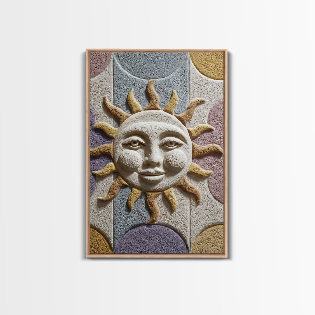 Sun and Moon Celestial Folk Motif Framed Canvas Print, Boho Art, Digital Art, Living Room Decor, Watercolor Art, Bohemian, BOH-2x3-18