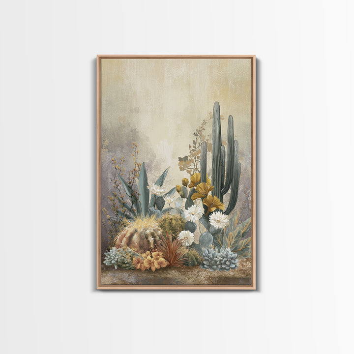 Warm Neutral Cactus Garden Illustration Framed Canvas Print, Boho Art, Wall Decor, Living Room Decor, Fine Art, Bohemian, BOH-2x3-2