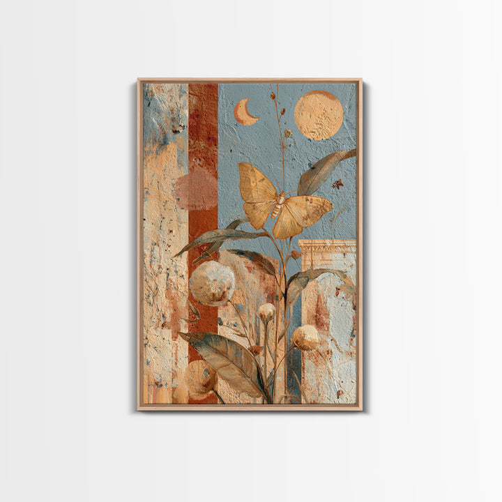 Golden Moth with Moon and Stars Framed Canvas Print, Boho Art, Art Nouveau, Living Room Decor, Fine Art, Bohemian, Wall Print, BOH-2x3-25