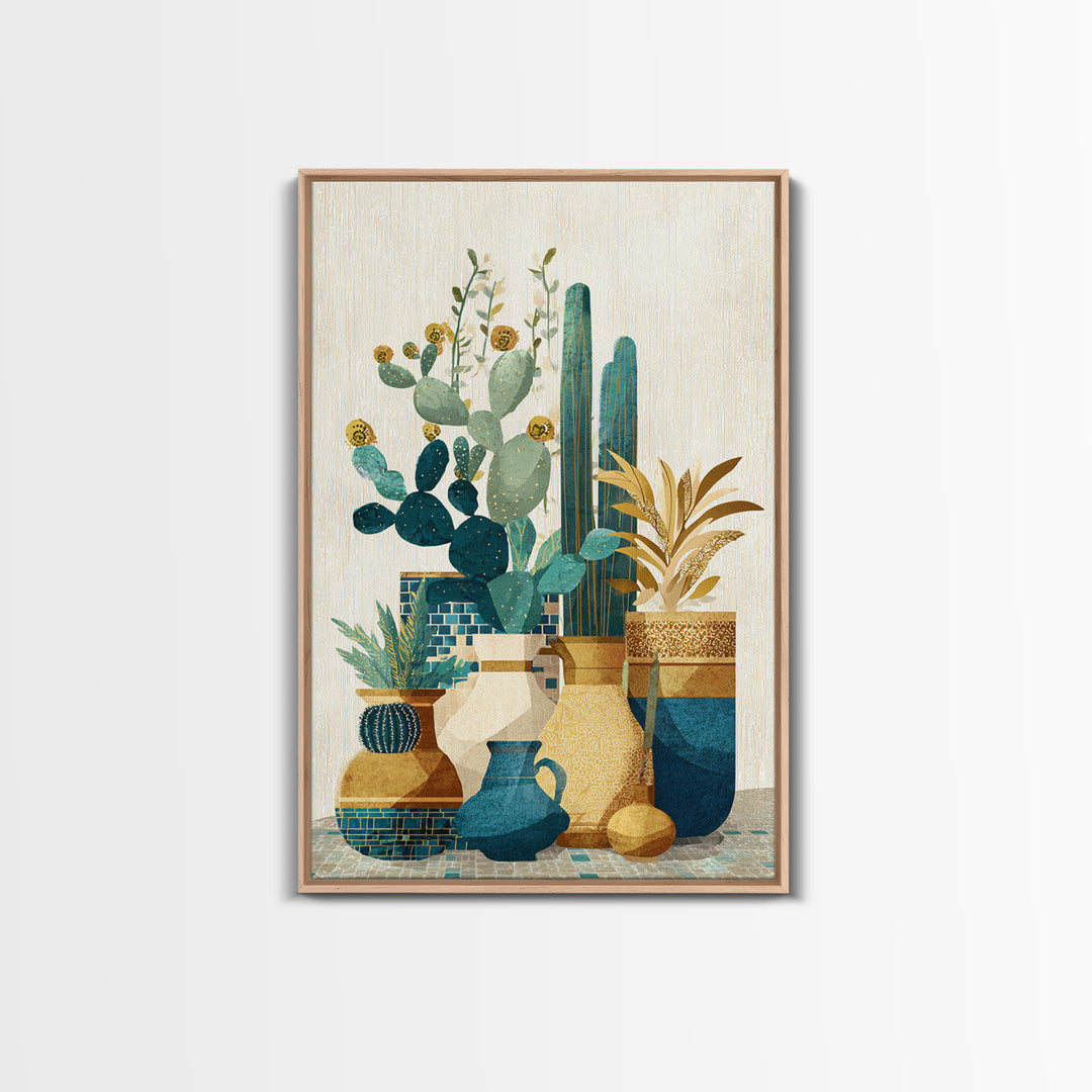 Warm Neutral Cactus Garden Illustration Framed Canvas Print, Boho Art, Wall Decor, Living Room Decor, Fine Art, Bohemian, BOH-2x3-26