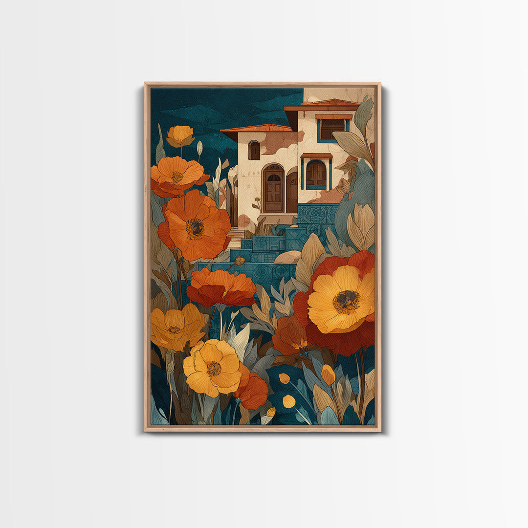 Burnt Orange Floral Field at Sunset Canvas Print, Boho Art, Living Room Decor, Oil Painting, Bohemian, Modern Decor, BOH-2x3-45