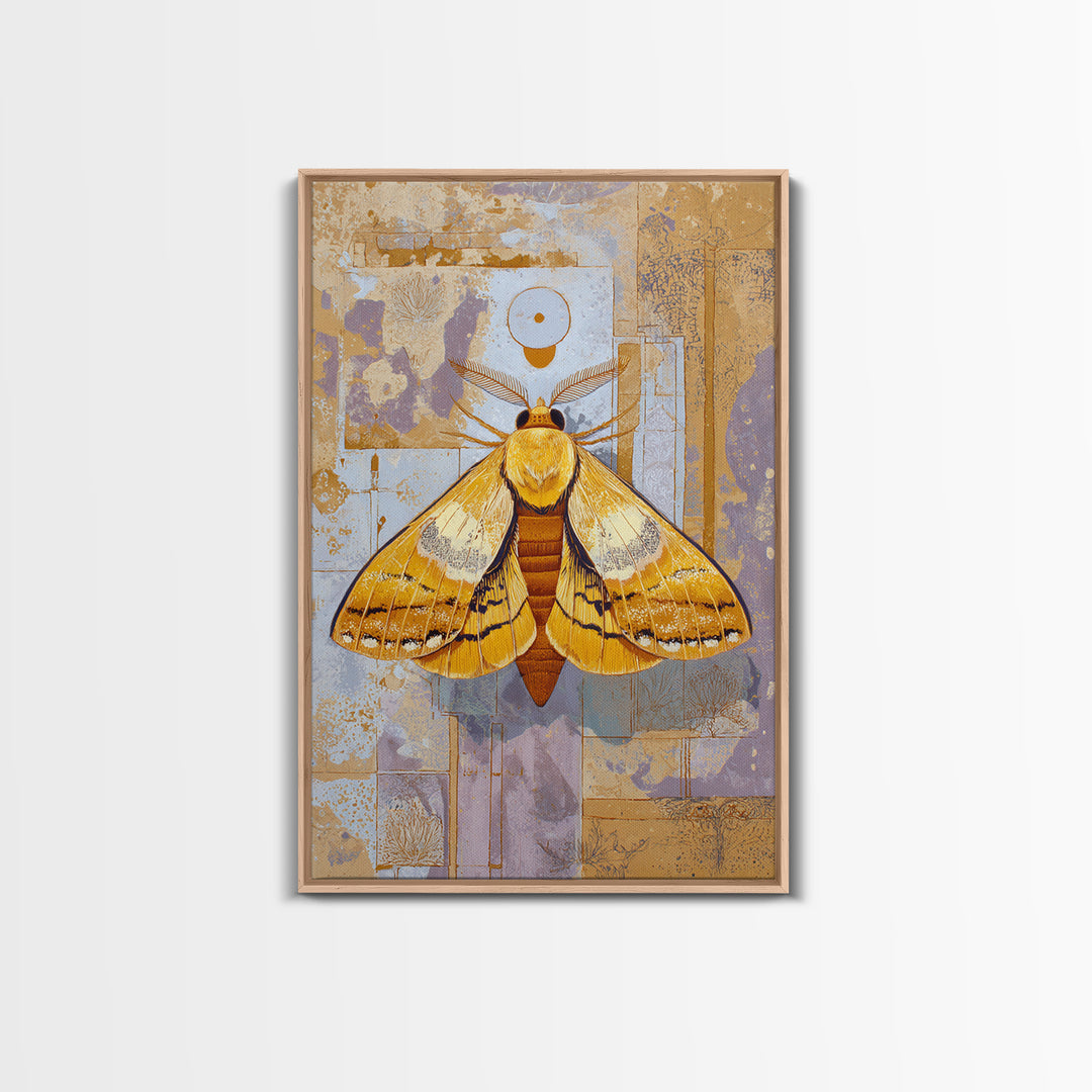 Golden Moth with Moon and Stars Canvas Print, Boho Art, Abstract Wall Art, Living Room Decor, Bohemian, Fine Art Print, BOH-2x3-49
