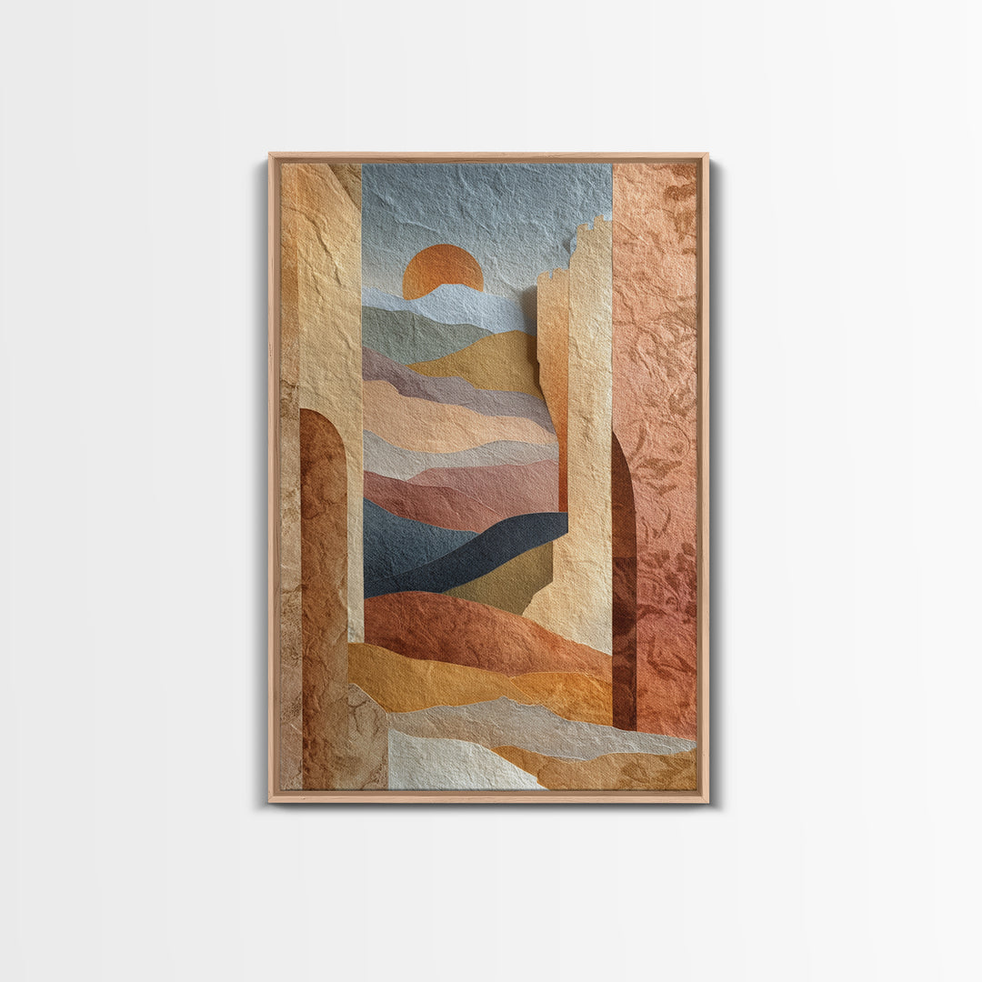 Sunrise over Rolling Dunes in Muted Peach Framed Canvas Print, Boho Art, Boho Wall Art, Living Room Decor, Oil Painting, BOH-2x3-53