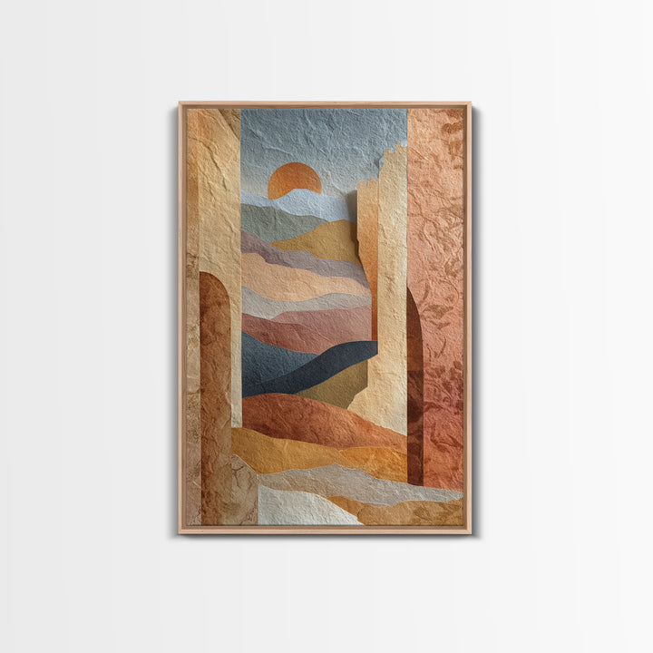 Sunrise over Rolling Dunes in Muted Peach Framed Canvas Print, Boho Art, Boho Wall Art, Living Room Decor, Oil Painting, BOH-2x3-53