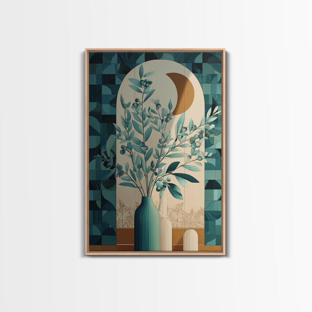 Sage Green Eucalyptus and Crescent Moon Canvas Print, Boho Art, Art, Living Room Decor, Bohemian, Wallart, Art Nouveau, BOH-2x3-7