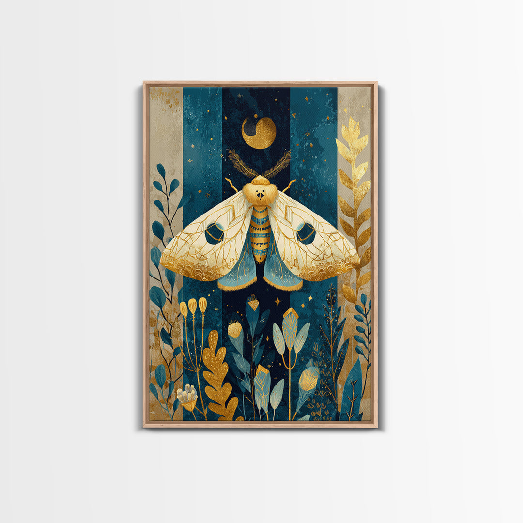 Golden Moth with Moon and Stars Framed Canvas Print, Boho Art, Living Room Wall Art, Living Room Decor, Fine Art, Bohemian, BOH-2x3-73