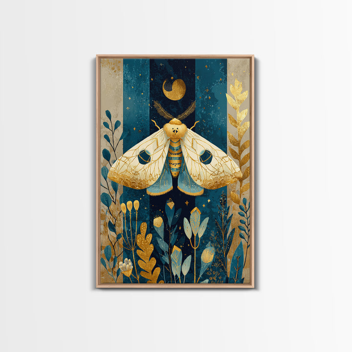 Golden Moth with Moon and Stars Framed Canvas Print, Boho Art, Living Room Wall Art, Living Room Decor, Fine Art, Bohemian, BOH-2x3-73