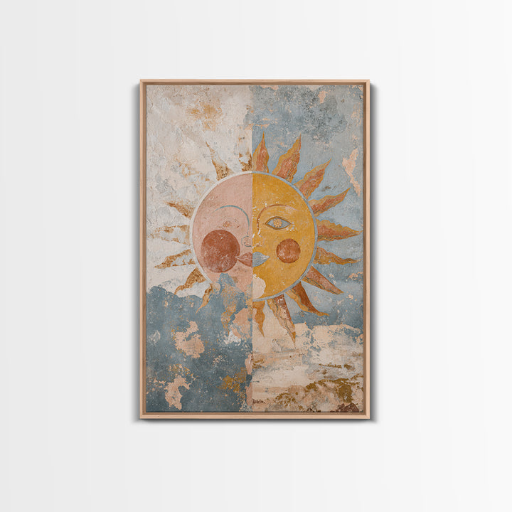 Sun and Moon Celestial Folk Motif Framed Canvas Print, Boho Art, Digital Print, Living Room Decor, Fine Art, Bohemian, BOH-2x3-90